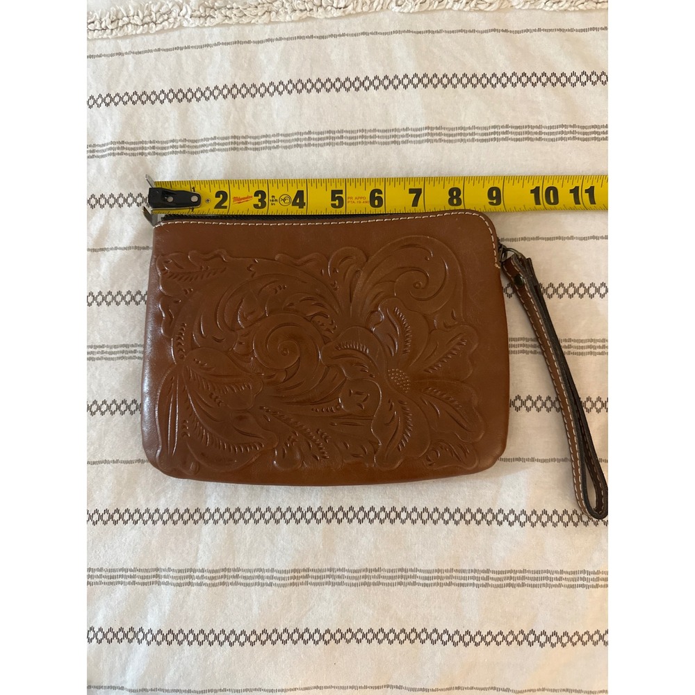 Patricia Nash Tan Leather Embossed Floral Wristlet Clutch Pouch Bag